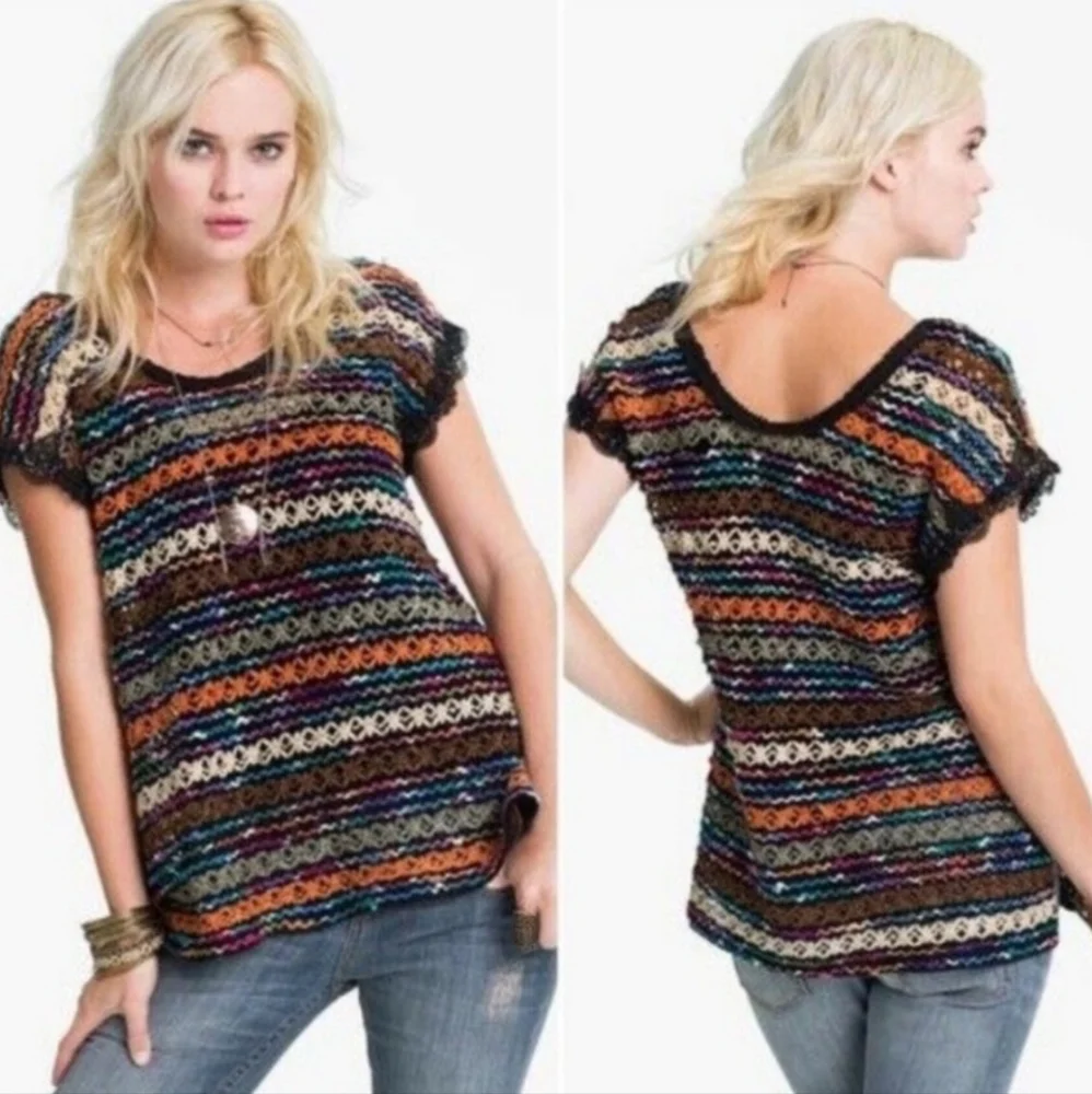 Free People New Romantics Multicolored Open Knit Sleeveless Tunic Top sz S